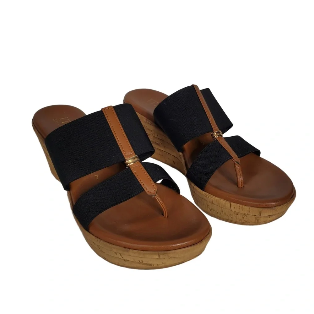 Italian‎ Shoemakers Krissy Wedge Sandal Black and Brown Strap Size 7